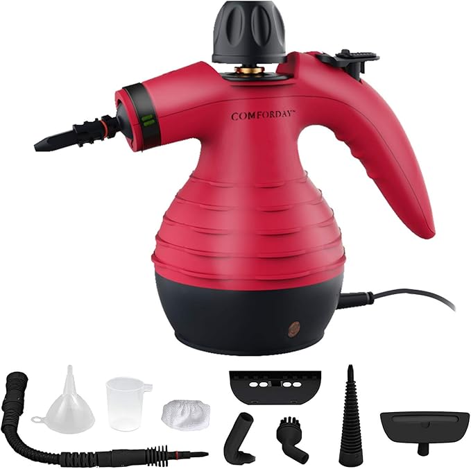 Comforday Handheld Pressurized Steam Cleaner - Multipurpose Steamer with 9-Piece Accessory Kit for Stain Removal, Upholstery, Curtains, Car Seats, Carpets, Floors, and Windows (Red)