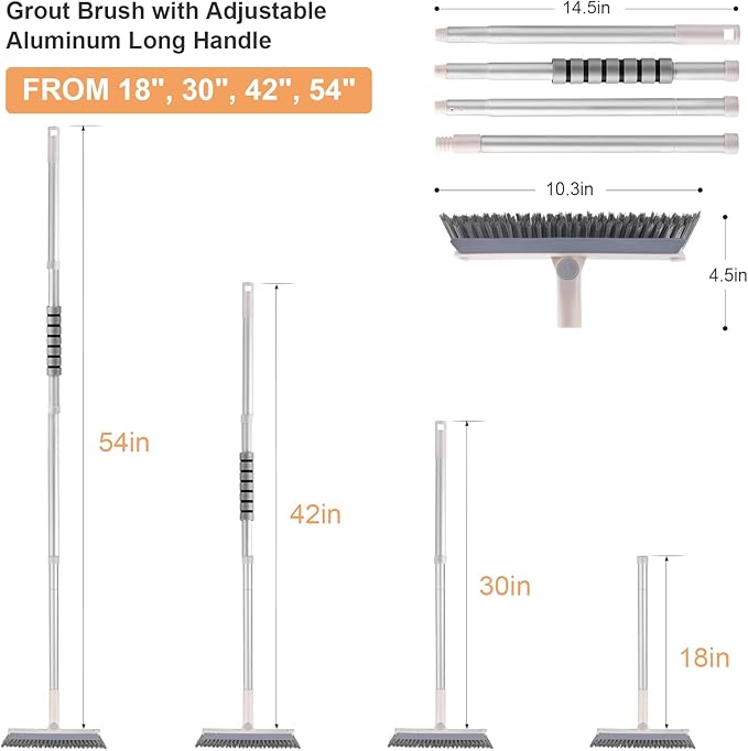 Grout Brush with Long Handle, 2 in 1 V-Shaped Floor Scrub Brush for Cleaning, Bathroom, Garage, Wall, Patio, and Tile, Stiff Bristle Brush with 54'' Telescopic Handle
