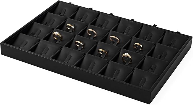 Oirlv Black Premium Leather 24 Grid Stackable Jewelry Insert Tray for Rings Organizer and Display