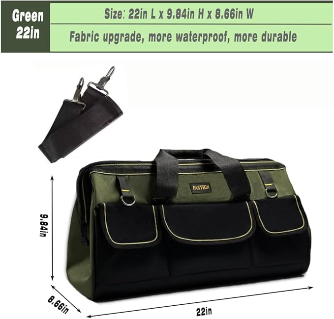 FASTECH 22-inch Wide Mouth Tool Bag with Water Proof Molded Base, Wide Mouth Tool Tote Bag, Waterproof Tool Organizer Bag for Men with Adjustable Shoulder Strap(No Bottom Shell)
