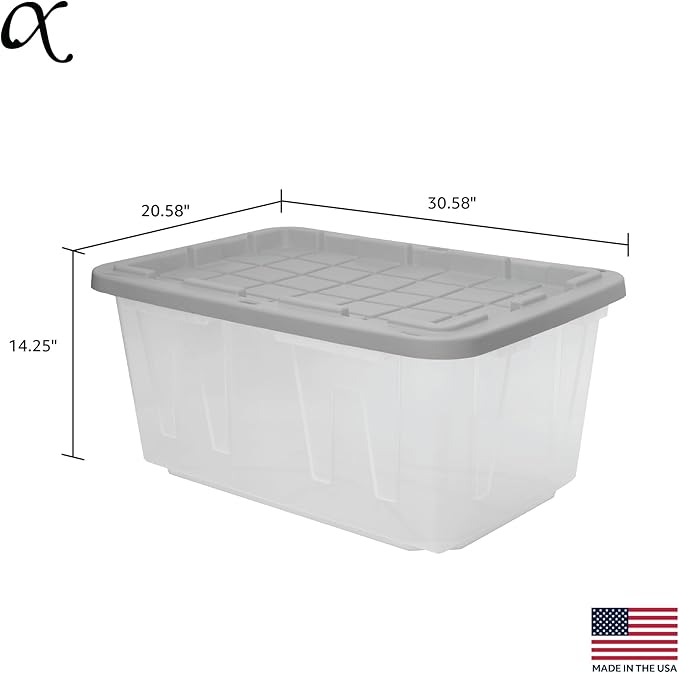 CX BLACK & YELLOW, 27-Gallon Heavy Duty Clear Storage Container & Snap-Tight Lid, Clear & Grey (14.3H x 20.6W x 30.6D), Weather-Resistant, Stackable, See-Through Organization Tote [4 Pack]