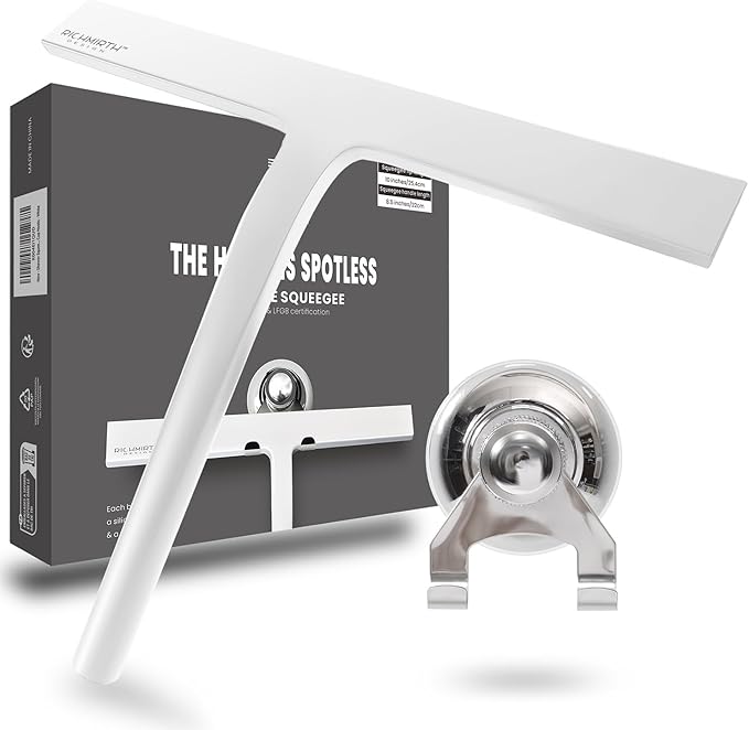 Shower Squeegee for Glass Doors 10 Inch, RICHMIRTH All Purpose Squeegee Cleaning Tool for Window Glass Mirror Bathroom Tile with Suction Cup Hooks - White