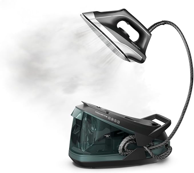 Rowenta Iron Steamer for Clothes, Master Steam Station, Professional Steam Iron For Clothes with Stainless Steel Soleplate 57 oz, 400 microsteam holes, Built-In Pump, 1750 watts, Black Green, VR8338