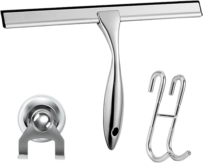 12'' Light Weight Stainless Steel Shower Squeegee for Glass Doors with 4 Pieces Set (1 Window Squeegee, 1 Door Hook and 2 Adhesive Hooks) Perfect Cleaning Tool for Car, Window, Bathroom Mirror