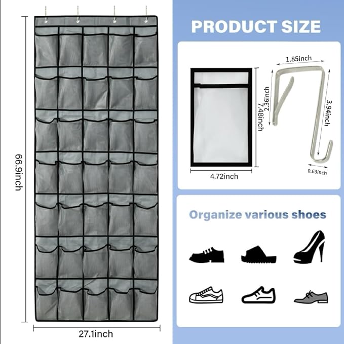 35-Pocket Over The Door Shoe Organizer - Mesh Pockets Shoe Holder Rack With 4 Metal Hooks
