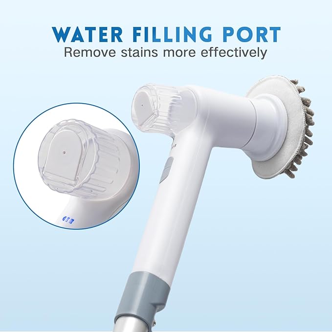 Electric Spin Scrubber,Spray with Foam Cordless Cleaning Brush, 2-Speed Shower Scrubber, Shower Cleaning Brush with 8 Replaceable Brush Heads, Adjustable Removable Handle for Bathroom, Kitchen-White