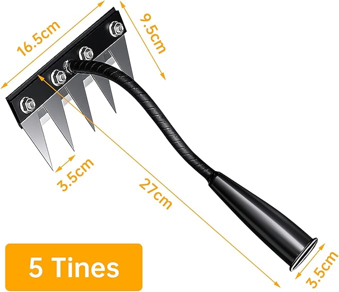 Iron Weeding Rake, 5-Teeth Detachable Gardening Hand Weeder Tool with Ergonomic Grip, Heavy-Duty Hand Weeder Puller Tool for Yard & Lawn & Flowerbeds