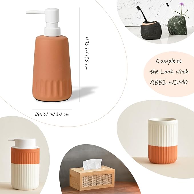Boho Terracotta and White Ceramic Soap Dispenser, 11 oz Decorative Refillable Hand or Dish Soap Pump for Bathroom or Kitchen, Orange and White