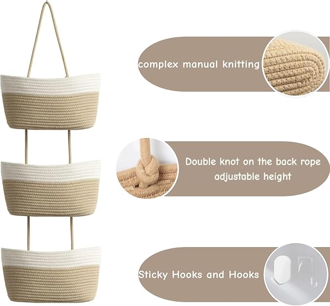 Hanging Baskets for Organizing,Bathroom Organizers and Storage,3-Tier Woven Cotton Wall-Mounted Storage Organizer Bag Decorative,Kitchen,Living Room,Bedroom,Nursery