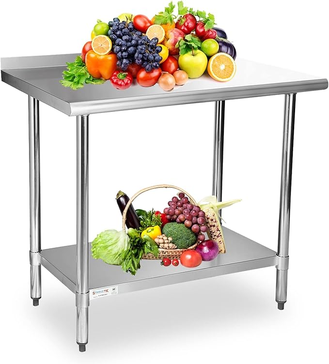 STABLEINK NSF Stainless Steel Table, 24 x 30 Inches Metal Prep & Work Table with Backsplash, Adjustable Undershelf and Table Foot, for Commercial Kitchen, Restaurant, Laundry Room and Garage