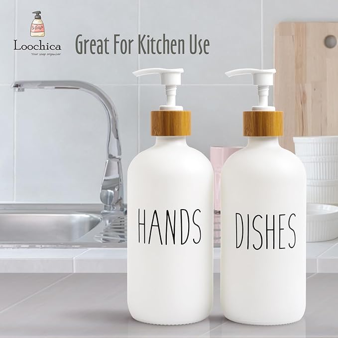2 Pack White Glass Soap Dispenser Set for Kitchen Sink, Hand and Dish Soap, Matte White Finish, Rustic Decor