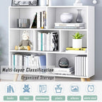 IOTXY Wooden Open Shelf Bookcase - 3-Tier Floorstanding Display Cabinet Rack with Legs, 7 Cubes Free Standing Bookshelf, Warm White