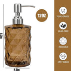 12Oz Brown Glass Soap Dispenser with Stainless Steel Pump, Refillable Kitchen Liquid Hand Soap Dispenser with Diamond Design, for Dispense Hand soap, Dish Soap, Lotion, Bathroom, Countertop, Hotel