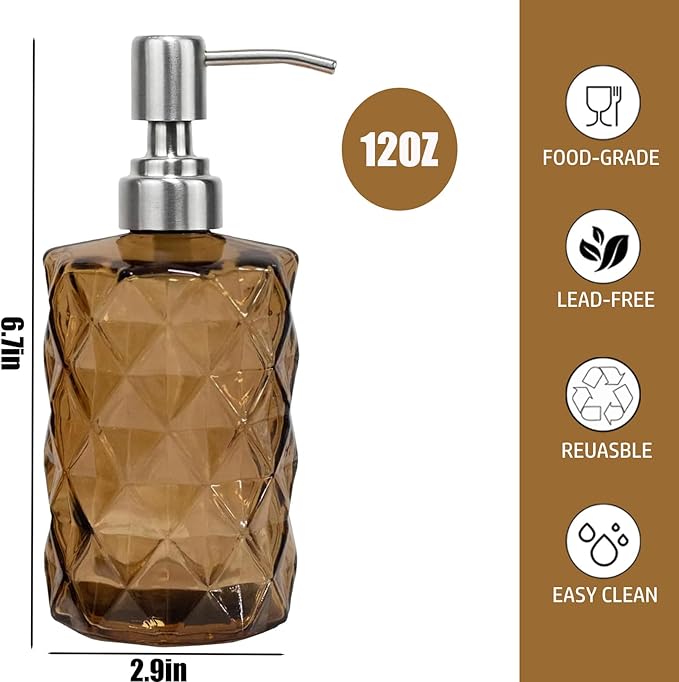 12Oz Brown Glass Soap Dispenser with Stainless Steel Pump, Refillable Kitchen Liquid Hand Soap Dispenser with Diamond Design, for Dispense Hand soap, Dish Soap, Lotion, Bathroom, Countertop, Hotel