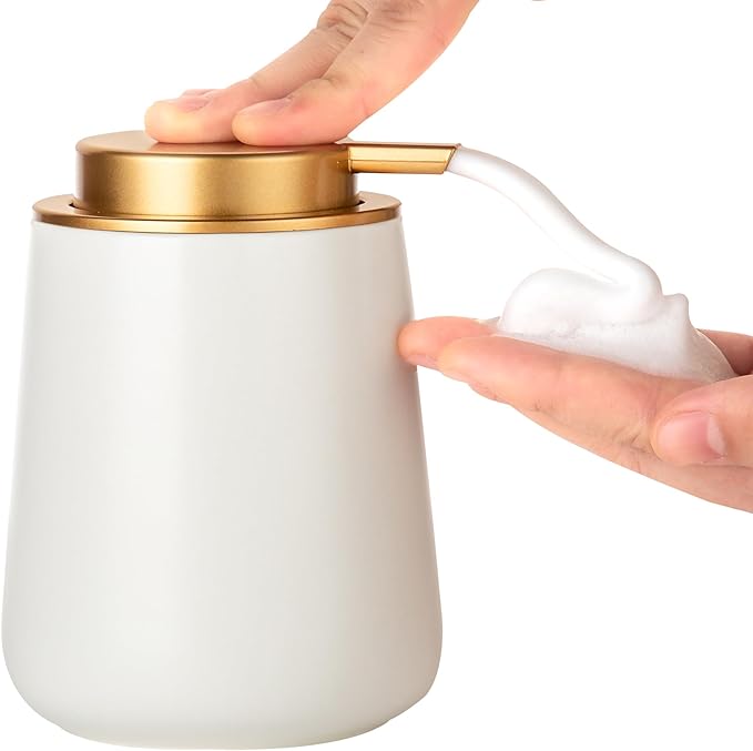 Enra Foaming Soap Dispenser,12 oz Beige Ceramic Modern Poam Hand Soap Dispenser for Bathroom,Kitchen with Easy-to-Press Pump (White Poam Gold Pump)