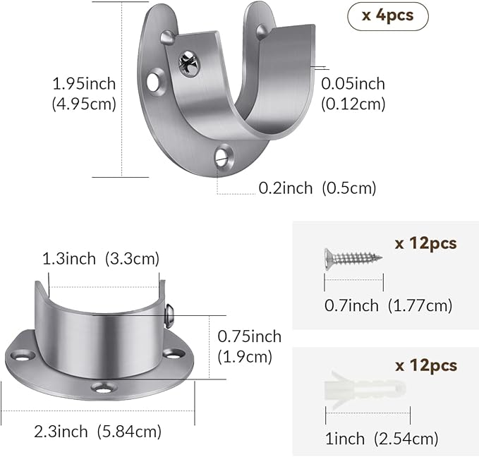 4 Packs Stainless Steel Wardrobe Bracket U-Shaped Rod Socket Flange 1-1/4" Diameter Heavy Duty Closet Rod Brackets End Supports for Closet Rod with Screws (Silver)