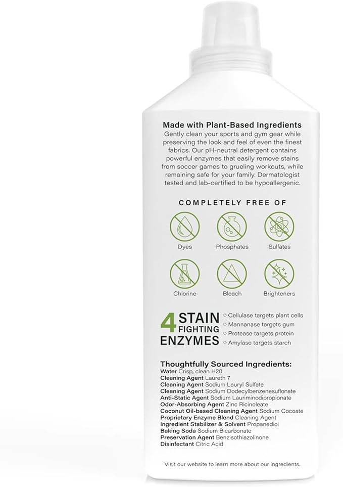 Athletic Sport Active wear Laundry Detergent | 4x Powerful Plant-Based Formula with Cleaning Enzymes for Sport Wash | Fragrance Free Natural Odor & Stain Remover