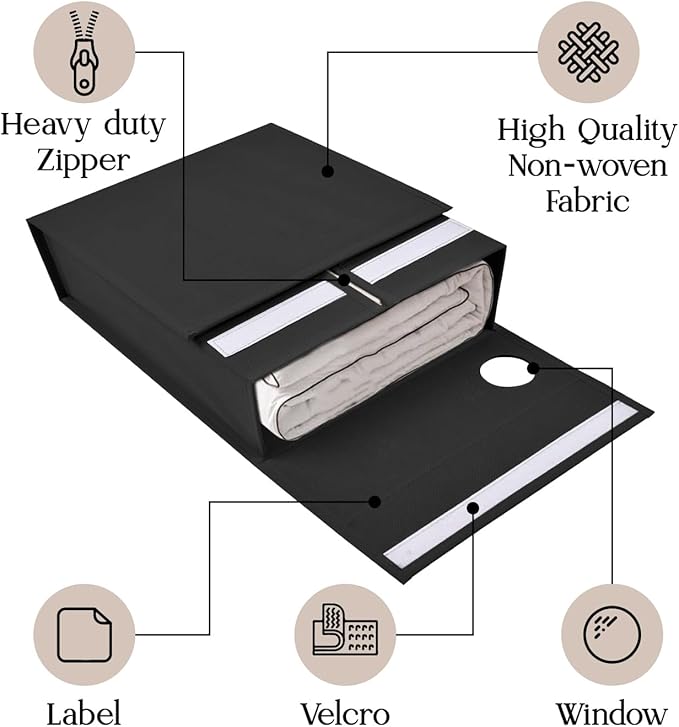 6 Pack Bed Sheet Organizer and Storage, Foldable Storage Organizer for Linen Closet with Viewing Window & Label for Bedding Sheets & Blankets (Queen & King Size) Black