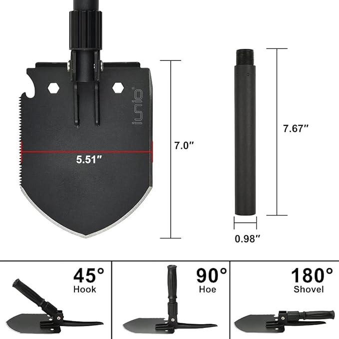 iunio Camping Shovel,Shovel Folding, Portable, Multitool, Foldable Entrenching Tool, Collapsible Spade, for Backpacking, Trenching, Hiking, Survival, Car Emergency