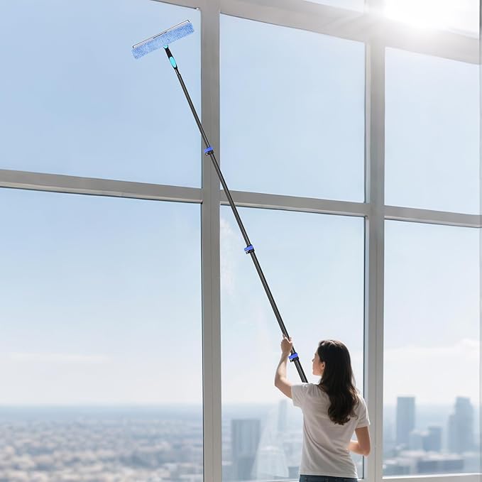 DOBEN 24-Foot Carbon Fiber Window Cleaner Tool with Telescopic Extension Pole, Rotating Scrubber & Squeegee - Durable Lightweight Design for Indoor/Outdoor Glass Cleaning