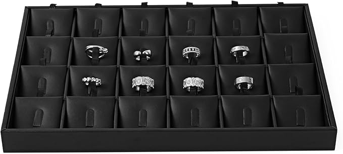 Oirlv Black Premium Leather 24 Grid Stackable Jewelry Insert Tray for Rings Organizer and Display