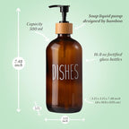 Dish Amber Glass Soap Dispenser with Plastic Pump, 16 Oz Brown Dish Soap Dispenser Set Refillable Reusable Apothecary Soap Pump Dispenser Bottles for Bathroom and Kitchen