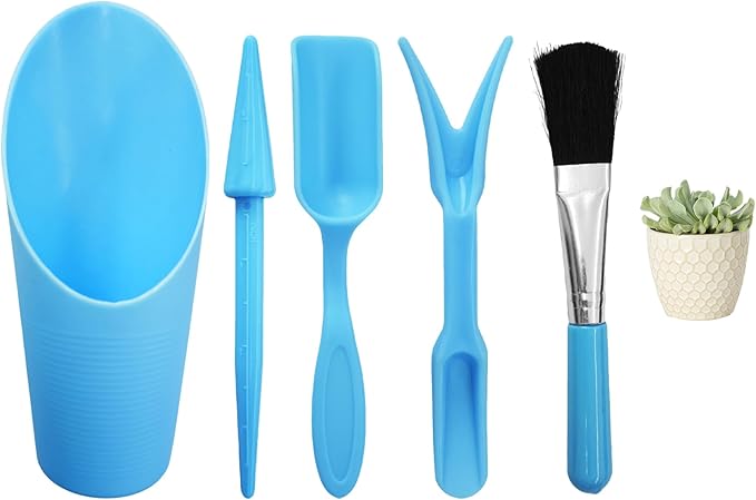 5Pcs Mini Succulent Tools Set, Plastic Garden Hand Tools Kit for Indoor Plant Care, Succulent Bonsai Miniature Garden Tool Set,Small Gardening Tools for Transplanting Digging Planting, Blue
