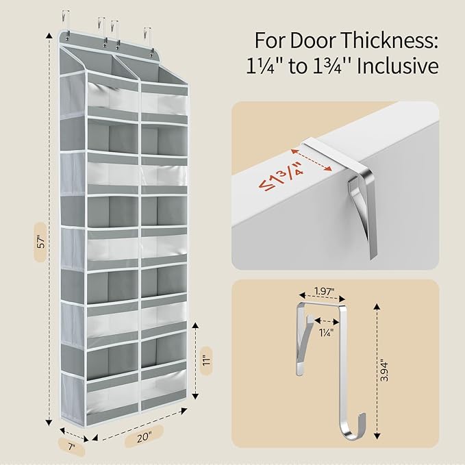 Yecaye 5-Tier Over The Door Organizer Dual-Column, 80lbs Load Extra Large Over the Door Storage of 10 Compartments, Heavy Duty Door Organizer Hanging for Bedroom Closet Nursery Bathroom Pantry, Gray