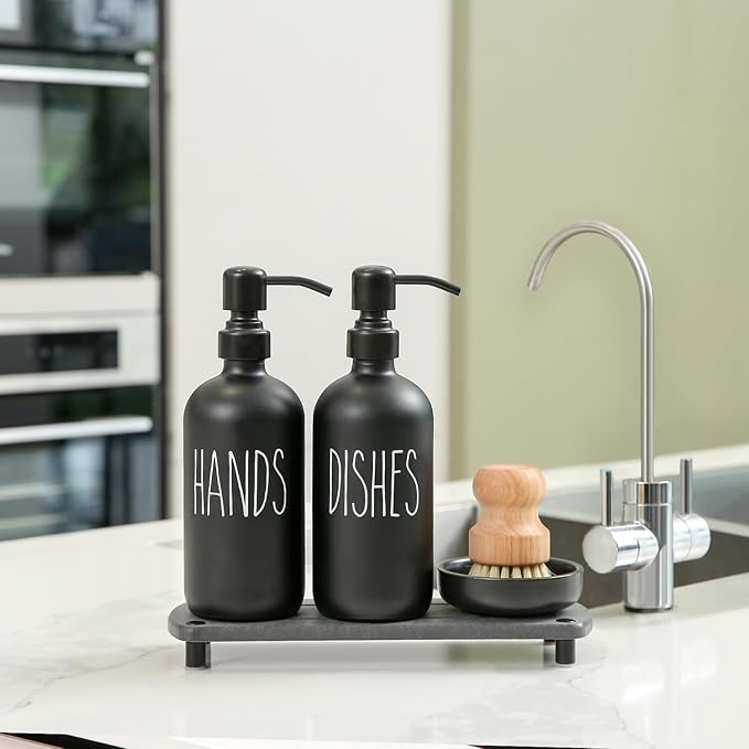 MOMEEMO Matte Black Soap Dispenser Set Comes with Stainless Steel Pumps, Instant Dry Tray, and Dish Scrub Brush, Suitable for Matte Black Kitchen Accessories. (Black)