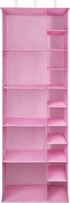 Libeder Shoe Organizer for Closet, 15 Shelf Hanging Closet Storage Shelves - 10 Shoe Rack Organizer and 5 Compartment for Clothes with 6 Side Mesh Pockets for Scarves Socks,Gloves Pink