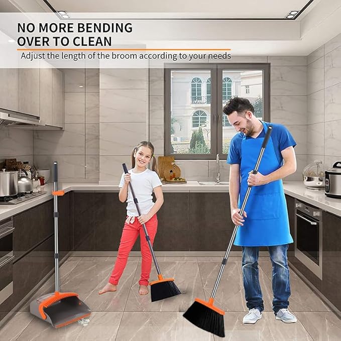 2-Pack is More economical,Upgraded Broom and Dustpan,with 52" Long Handle, Dustpan Teeth with self-Cleaning Function, Indoor and Outdoor Sweeping, Perfect for Home Office (Large Size/Orange /2-Pack)