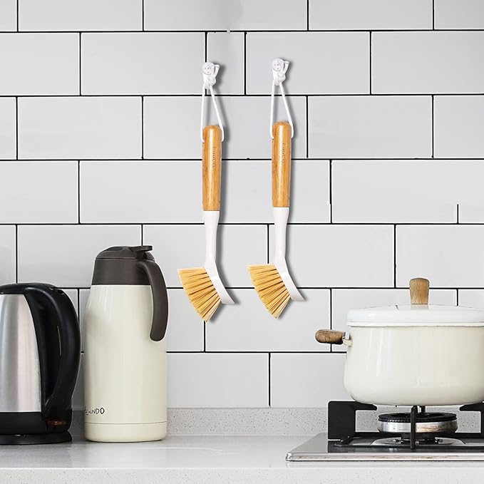 2 Pack Kitchen Dish Brushes with Bamboo Handle, Dish Scrubber Built-in Scraper, Scrub Brush for Pans, Pots, Counter & Kitchen Sink Cleaning, Dishwashing and Cleaning Brush Tools, White