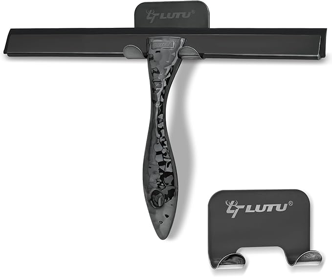 All-Purpose Silicone Shower Squeegee for Shower Glass Door,with 1 Hooks,for Bathroom Glass, Car, Tile Wall, Mirror Cleaning - Flower Shaped Handle for Easy-Grip 10 Inch Black