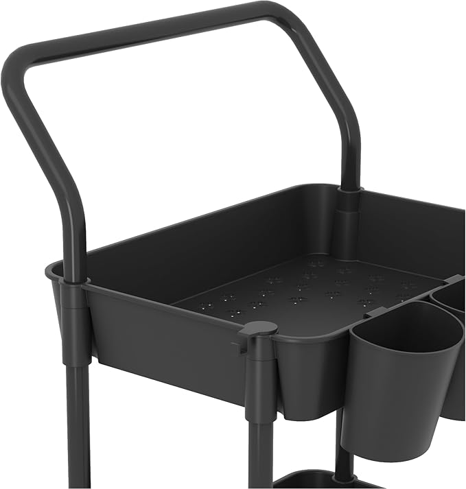 Buzowruil 3-Tier Rolling Utility Cart, Storage Cart with Handle Multi-Purpose and Locking Wheels,with Hanging Basket and Hook for Office, Kitchen, Bathroom,Black