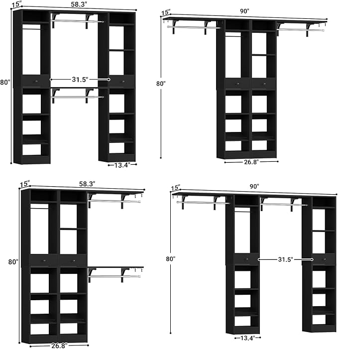 Unikito 58-90 Inch Closet System, Large Walk in Closet Organizer with 3 Hanging Rods and Shelves, Heavy Duty Wood Closets Wardrobe with 2 Drawers & Shoe Rack, Sturdy Reversible Clothing Rack, Black