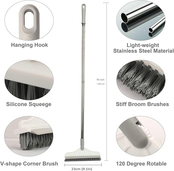 2 in 1 Floor Brush Scrubber with Long Handle Grout Brush 3 Poles 53.5'' New Upgrade Stiff Bristle Cleaning Scrub Brush with Squeegee 120°Rotating Tile Brush for Cleaning Bathroom Glass Patio Kitchen