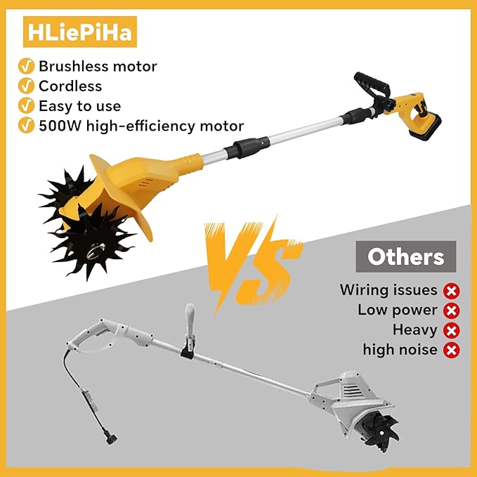 Cordless Tiller Cultivator for Dewalt 20v Battery, 500W Brushless Garden Tiller, 8.7" Tilling Width and 6.3" Depth, 330RPM Electric Rototiller for Gardening, Soil Cultivation(No Battery)