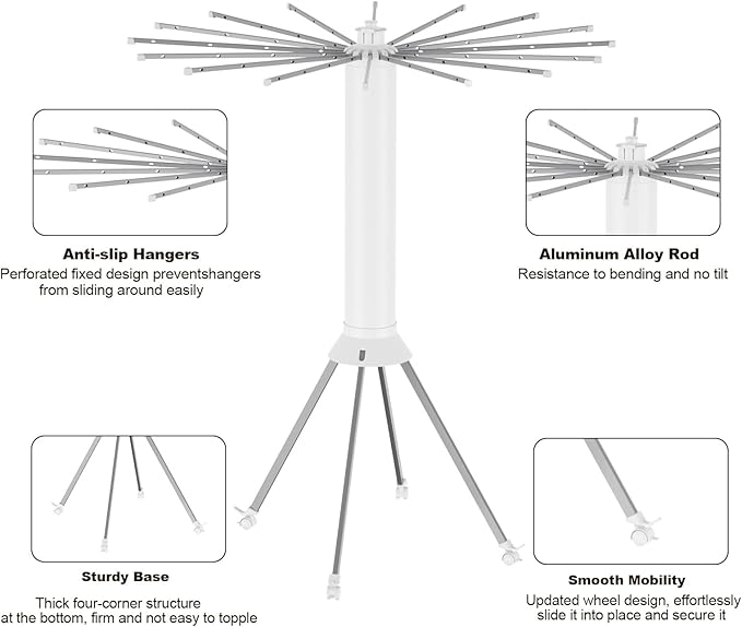 4-Legged Clothes Drying Rack Foldable, Outdoor Collapsible Drying Rack Clothing, Portable Laundry Drying Rack with 4 Pulleys, Aluminum Alloy Dry Rack for Clothes, Indoor, Balcony, Poolside, Camping