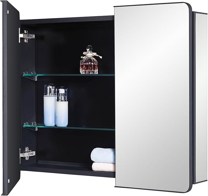Black Bathroom Mirror Medicine Cabinet with Round Corner Framed Door 30 x 25.6 inch, Recessed or Surface Mount, with Adjustable Glass Shelves
