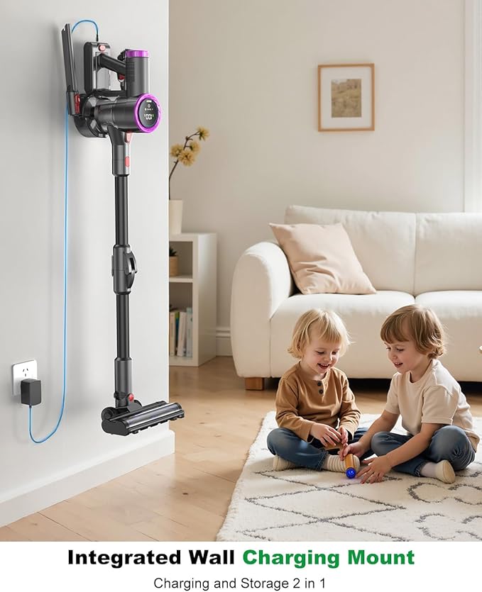 Cordless Vacuum Cleaner Bendable 6-in-1 Stick Vacuum — Lightweight with 45mins Runtime, LED Display & Headlight, Rechargeable for Carpet, Tile, Pet Hair & Hardwood Floors (Purple)