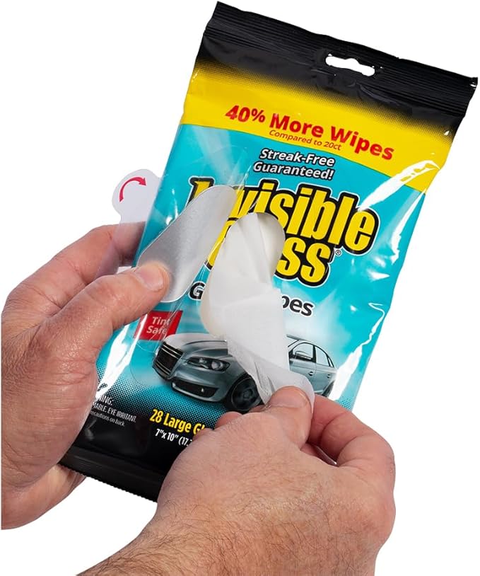Invisible Glass 90161-2PK Large Glass Cleaning Wipes for Streak-Free Windows, Mirrors, and Glass, Lint-Free, Ammonia-Free, Tint-Safe, for Home and Auto, Flat Pack, 28 Wipes, Pack of 2