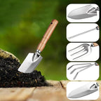 Garden Tool Set, 5 Piece Stainless Steel Gardening Tools with Wooden Handles Hand Tools with Transplanting Hand Shovel, Rake and Root Picker Ideal for Digging and Planting.
