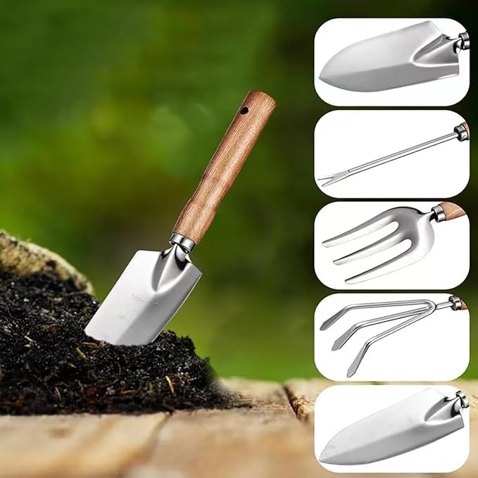 Garden Tool Set, 5 Piece Stainless Steel Gardening Tools with Wooden Handles Hand Tools with Transplanting Hand Shovel, Rake and Root Picker Ideal for Digging and Planting.
