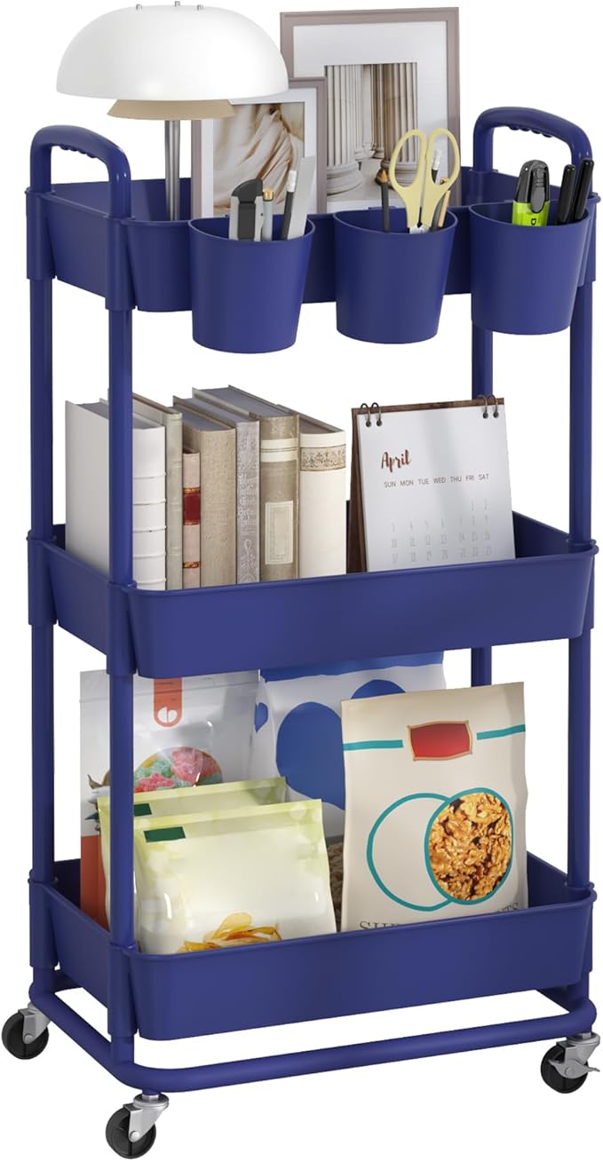 JIUYOTREE 3-Tier Plastic Rolling Storage Cart Utility Cart with Extra Hanging Cups Handles Lockable Wheels for Living Room Bathroom Kitchen Office Blue