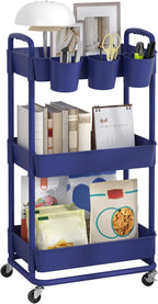 JIUYOTREE 3-Tier Plastic Rolling Storage Cart Utility Cart with Extra Hanging Cups Handles Lockable Wheels for Living Room Bathroom Kitchen Office Blue