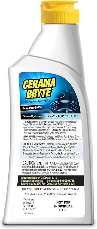 Cerama Bryte Glass Cooktop Cleaner Bundle with 10 Cleaning Pads for Removal of Tough Stains, Stovetop Cleaner for Glass - Ceramic Surfaces, 18 Ounces, 11 Piece