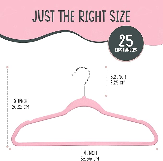 TechZoo 25 Premium Kids Velvet Hangers - 14" Non-Slip Clothes Hangers for Kids & Preteens - Ultra Slim, Space-Saving, Strong & Durable Hangers with 360° Swivel Hook - Pink