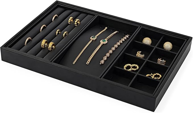 Oirlv 4 in 1 Black Premium Leather Multifunctional Jewelry Display Tray for Rings,Earrings and Bracelets Organizer and Storage