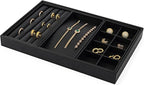 Oirlv 4 in 1 Black Premium Leather Multifunctional Jewelry Display Tray for Rings,Earrings and Bracelets Organizer and Storage