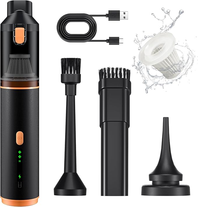 Car Vacuum Portable with 16000Pa Powerful Suction, Handheld Vacuum Cordless Rechargeable Blow & Suction 4 in 1, Small Vacuum Cleaner for Car, Home, Office, Outdoor (Black Orange)